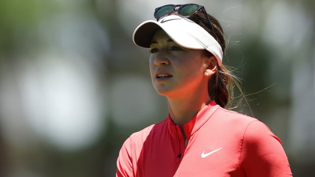 Gabriela Ruffels of Australia looks on after playing a shot on the 1st hole during the ISPS HANDA Australian Open at The Australian Golf Course on December 03, 2023 in Sydney, Australia. 